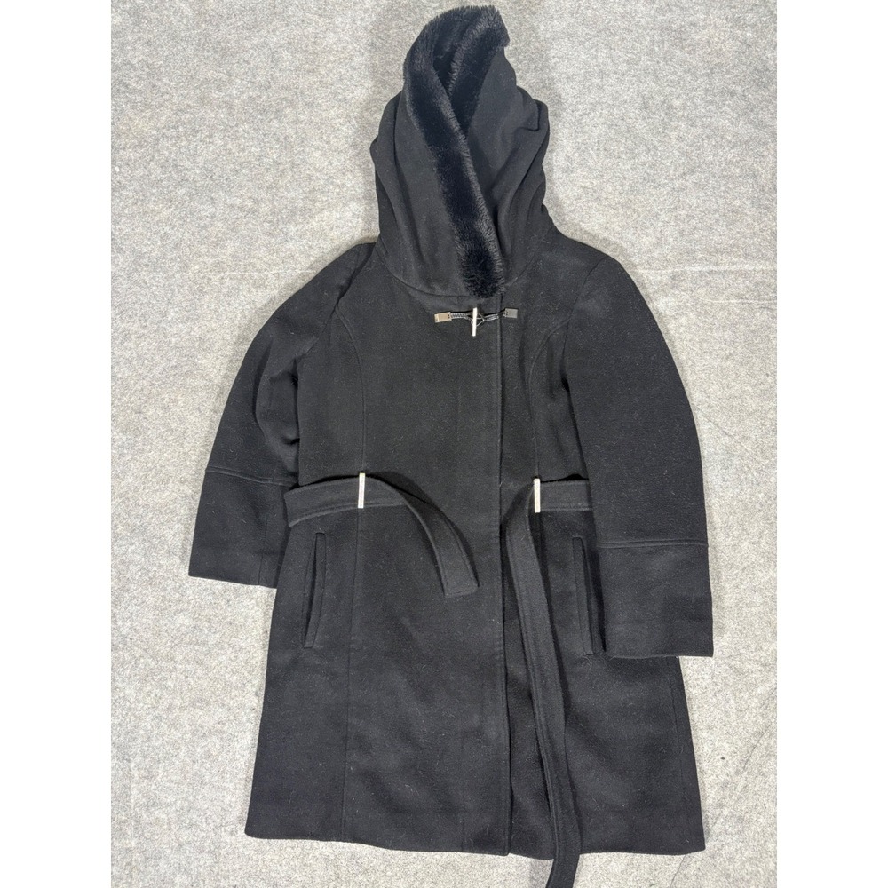 Calvin Klein Womens Black Wool Blend Faux Fur‎ Hooded Belted Toggle Coat Size L